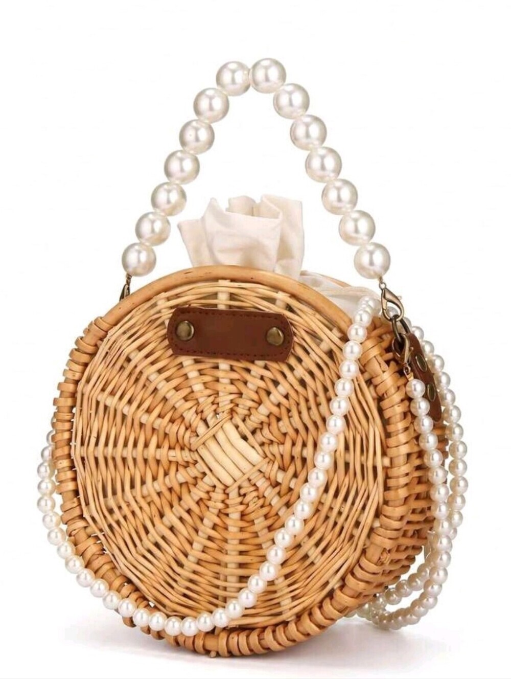 Pearl-Handle Woven Round Crossbody Bag - Natural
